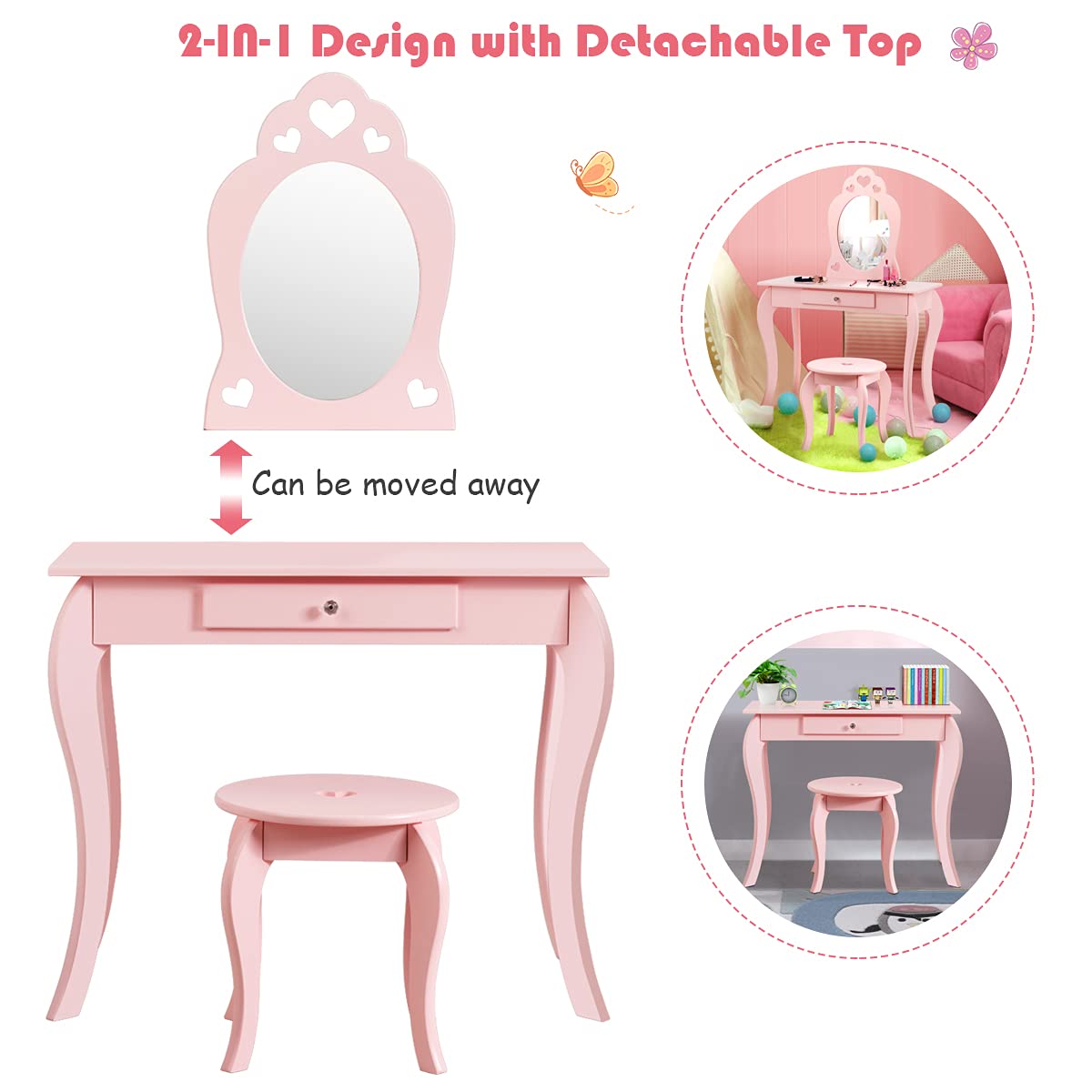 HONEY JOY Kids Vanity Set with Mirror, 2 in 1 Wooden Princess Makeup Vanity Dressing Table with Detachable Top