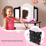 HONEY JOY Kids Vanity Table & Stool Set, Pretend Play Beauty Makeup Dressing Table w/Tri-Folding Mirror & Single Drawer