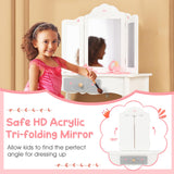 HONEY JOY Kids Vanity Set, Dressing Table w/Mirror and Stool, Accessories, Drawer, Wooden Princess Makeup Dressing Table