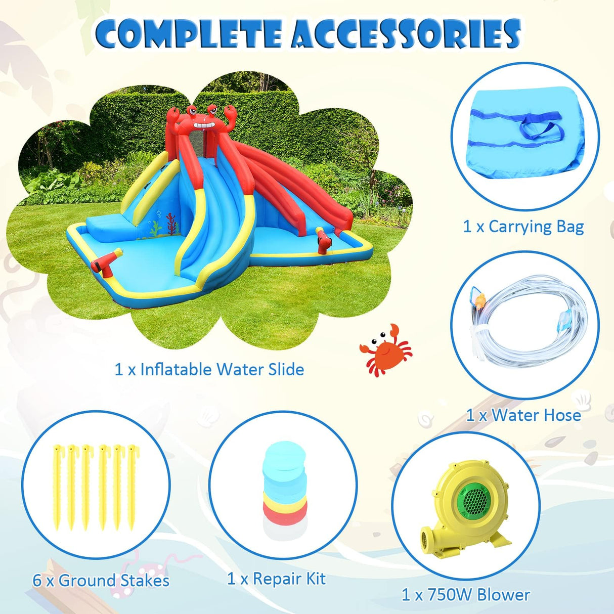 HONEY JOY Inflatable Water Slide, 7 in 1 Giant Water Park Double Long Slide w/Splash Pool, Tunnel Adventure (with 750W Blower)