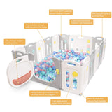 BABY JOY Foldable Baby Playpen 16 Panels, Kids Safety Yard Activity Center with Cute Bear Pattern, Storage Bag, Door with Safety Lock & Educational Toys