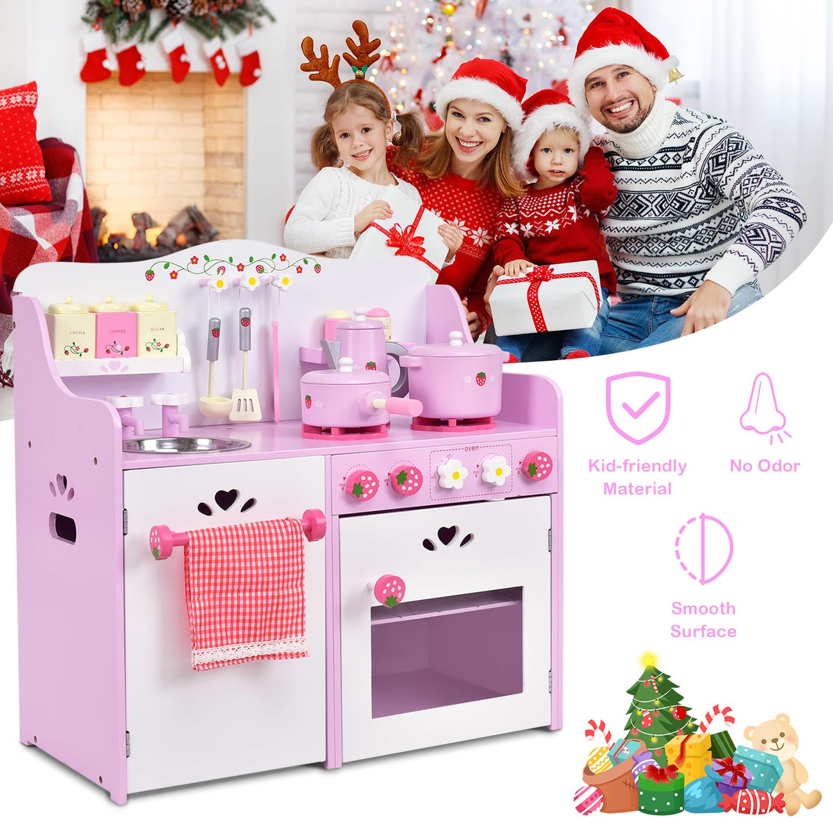 HONEY JOY Kids Kitchen Playset, Wooden Strawberry Themed Pretend Play Set for Children