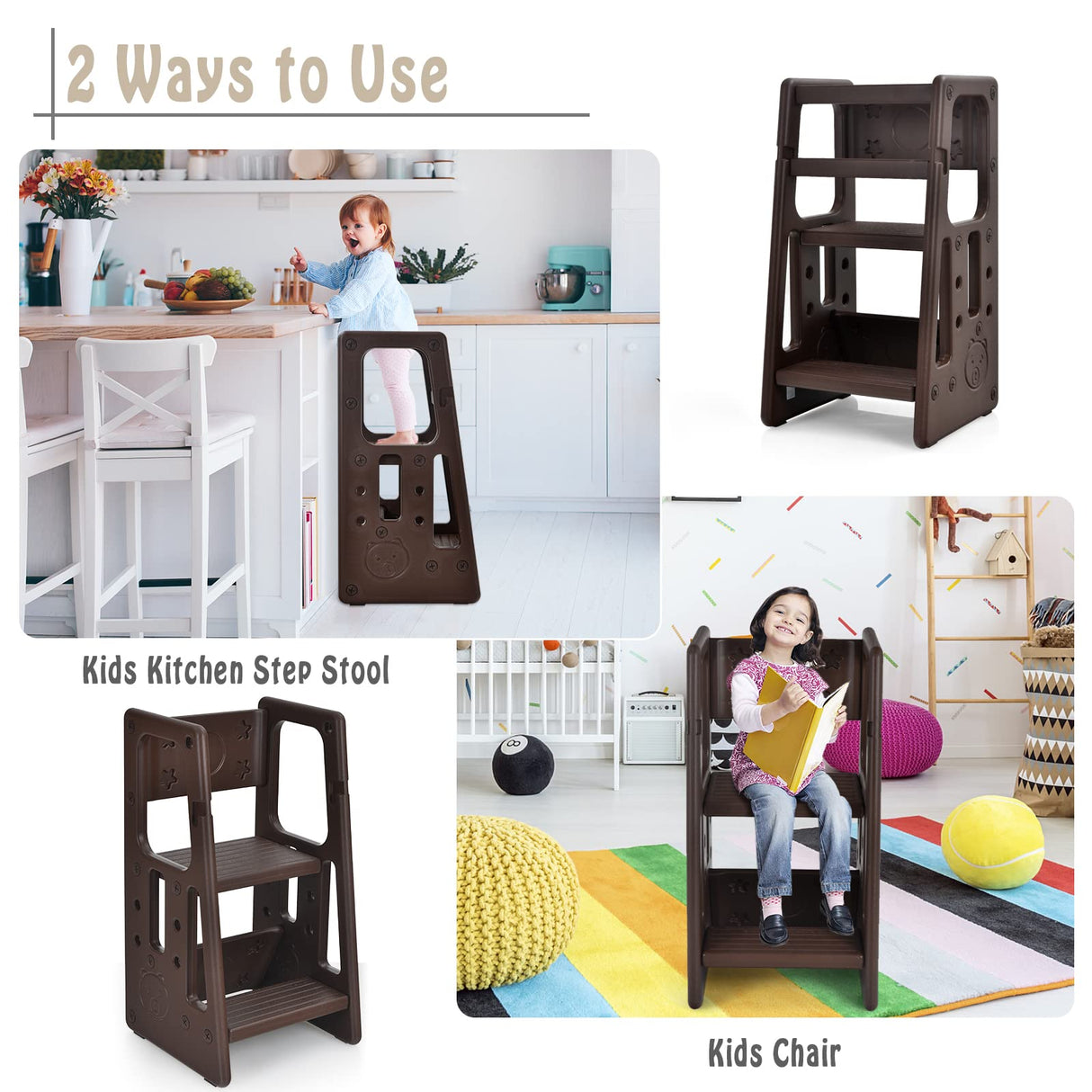 BABY JOY Kids Kitchen Step Stool, Toddler Step Ladder w/ 3 Adjustable Heights, Non-Slip Design & Safety Handles