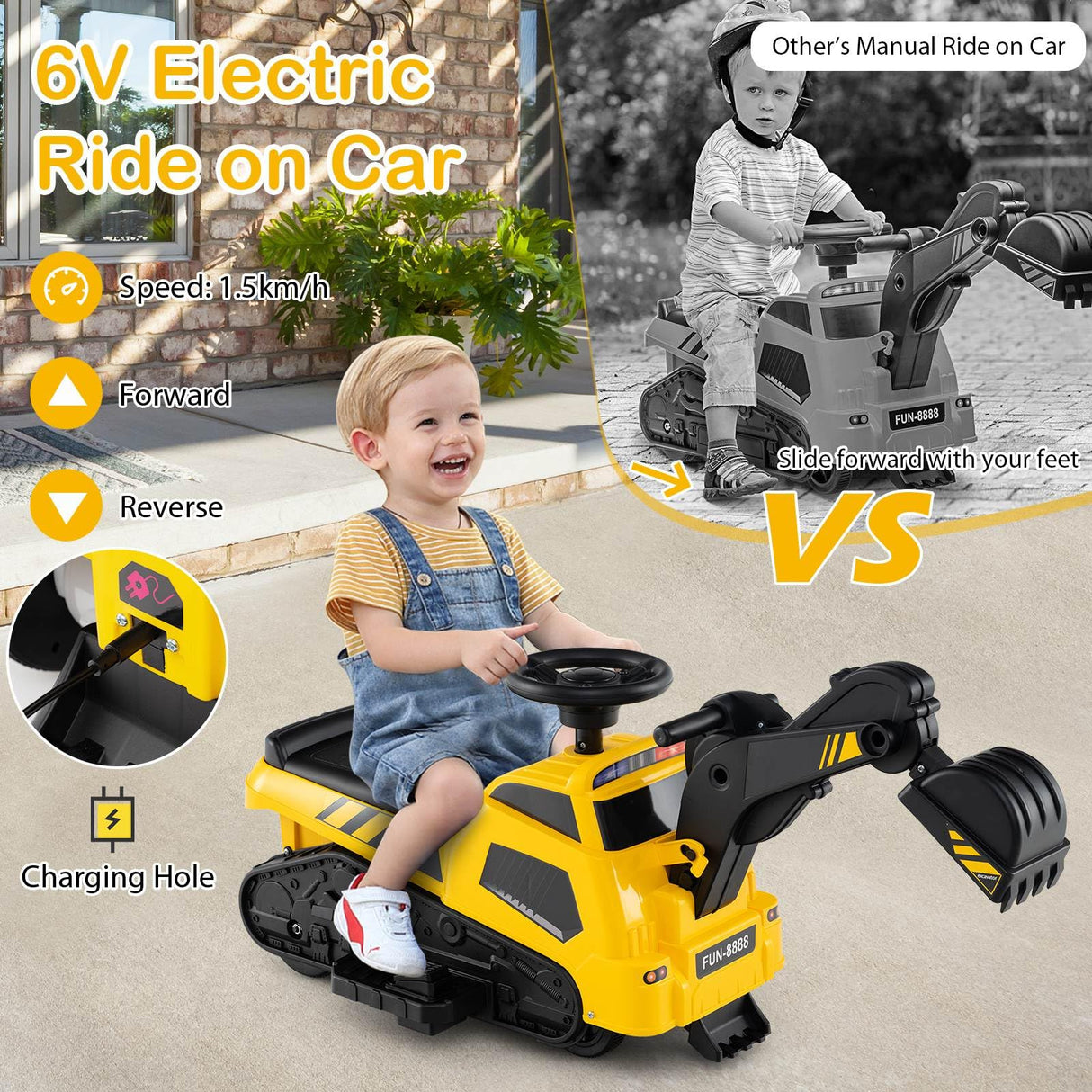 HONEY JOY 3-in-1 Kid Ride on Tractor w/Adjustable Arms, Electric Excavator Bulldozer Toy Road Roller w/Music