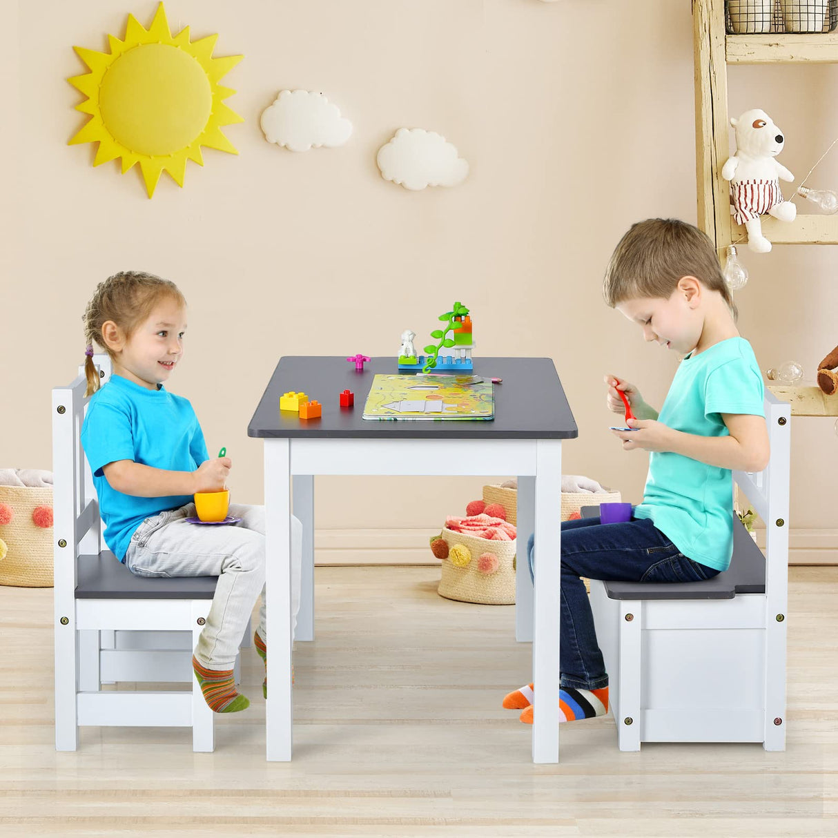 HONEY JOY 4-Piece Kids Table and Chair Set, Wood Activity Table with Toy Storage Bench & 2 Chairs