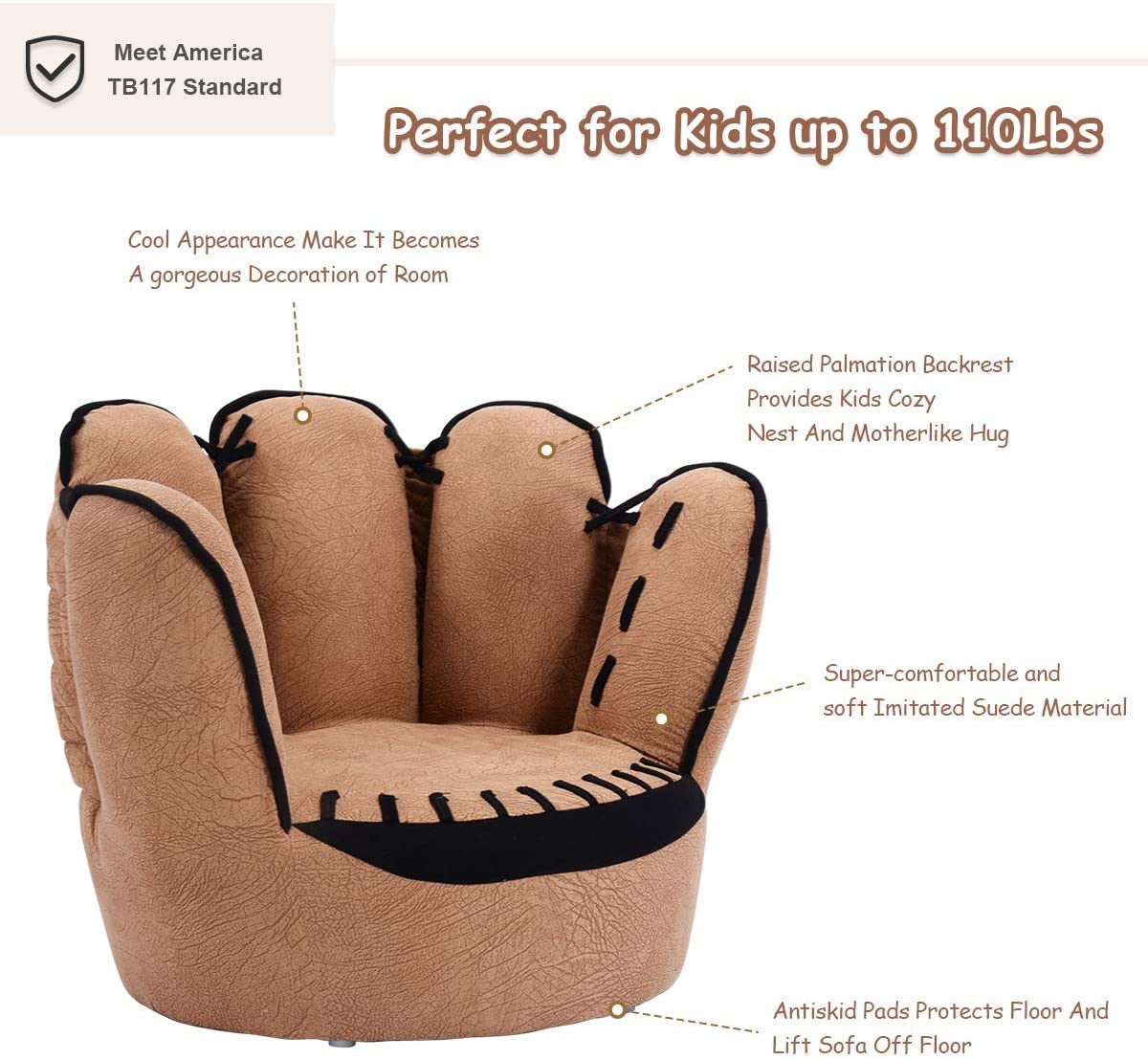 BABY JOY Kids Couch, Toddler Chair Sofa with Solid Wood Frame & Baseball Glove Design, Children Armchair for Play Room