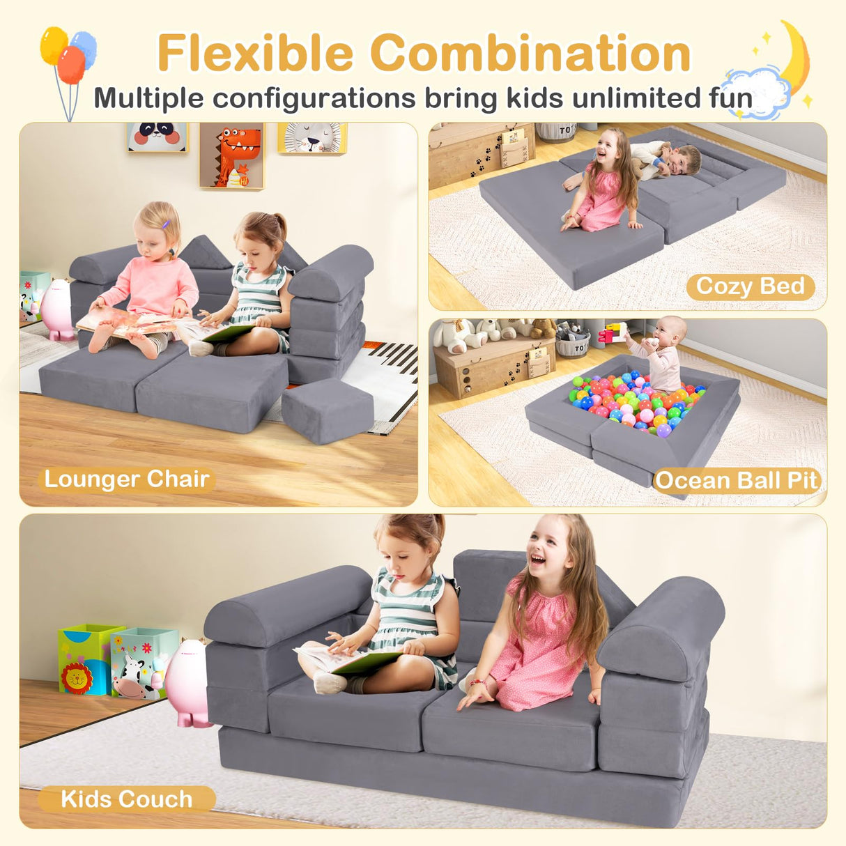 9-Piece Modular Kids Play Couch, Climb & Crawl Foam Playset w/ Breathable Suede Fabric