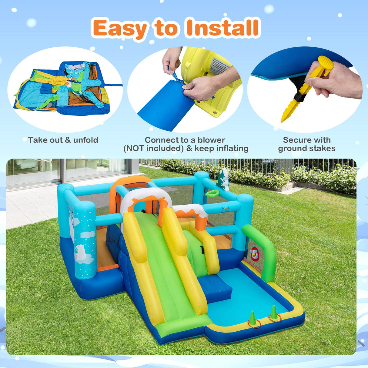 HONEY JOY Kids Inflatable Water Slide, 7-in-1 Outdoor Kids Jumping Castle w/Long Slide, Large Ball Pit, Double Climbing Walls