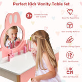 HONEY JOY 2 in 1 Kids Vanity Set w/Mirror, Cute Bunny Princess Makeup Dressing Table Stool