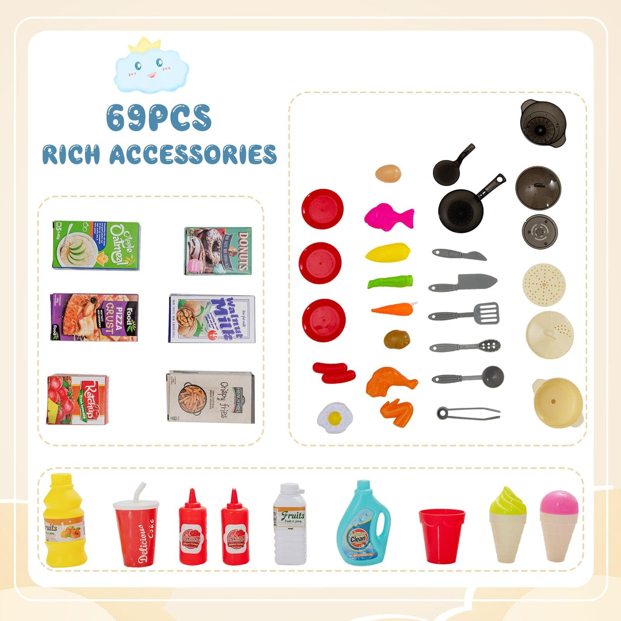 HONEY JOY 69 PCS Kids Play Kitchen Kids Kitchen Playset with Vapor & Boil Effects, Lights & Sounds