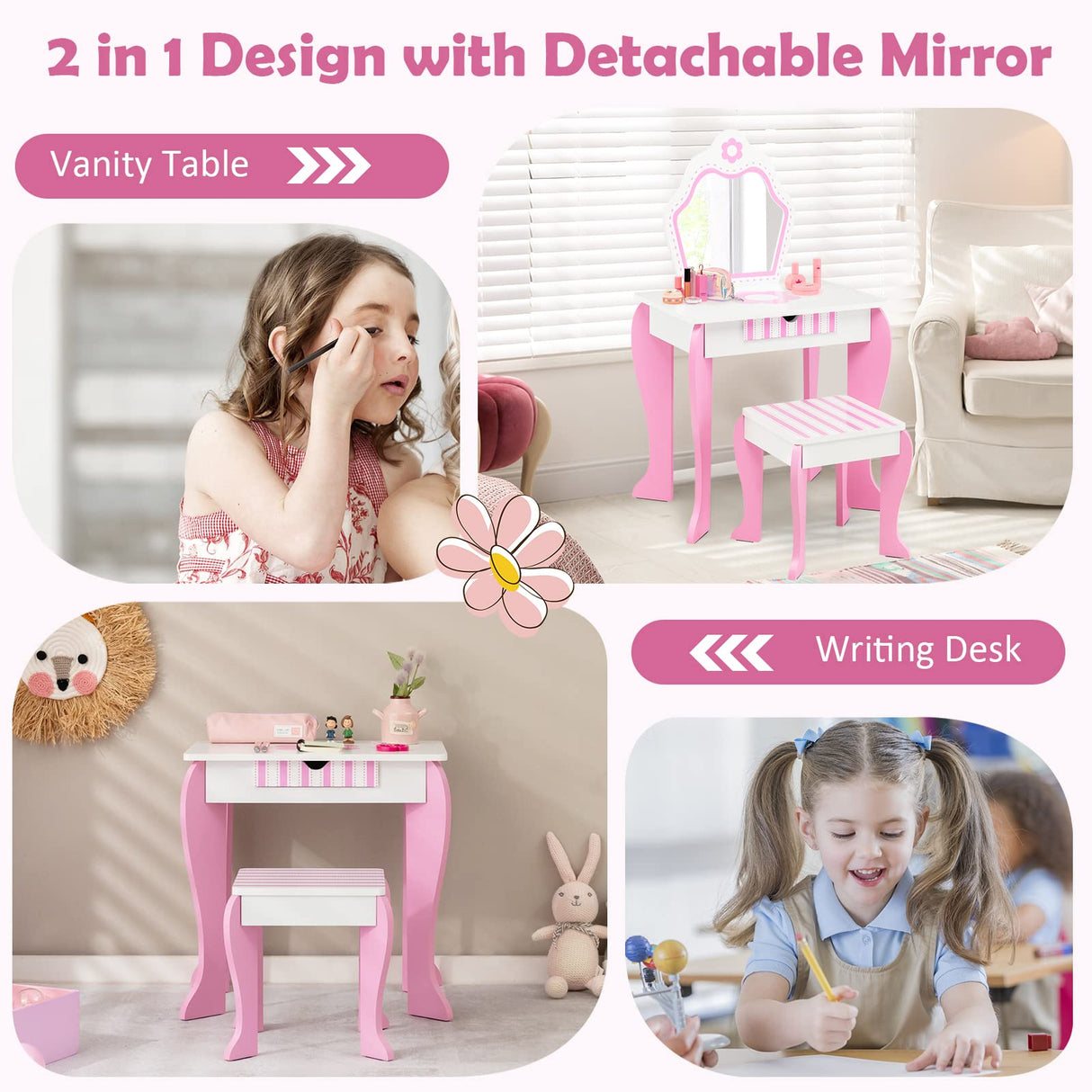 HONEY JOY Kids Vanity Table & Stool Set, 2-in-1 Princess Pretend Play Makeup Dressing Table Set w/Mirror & Drawer