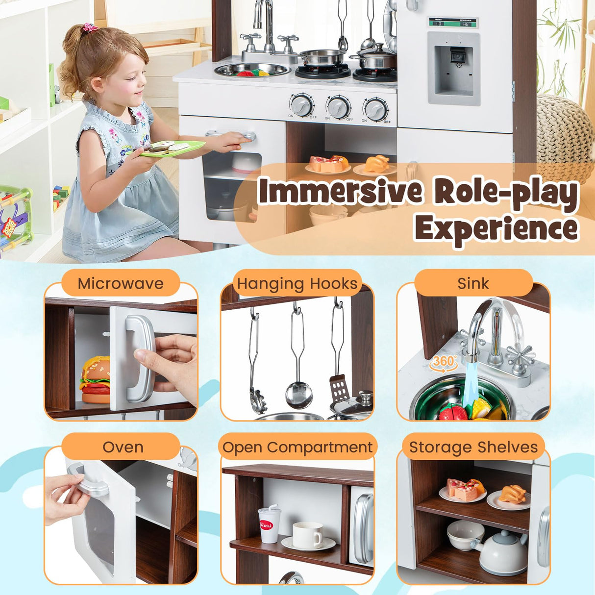 HONEY JOY Kids Kitchen Playset, Pretend Play Kitchen Toy w/Realistic Sounds & Lights