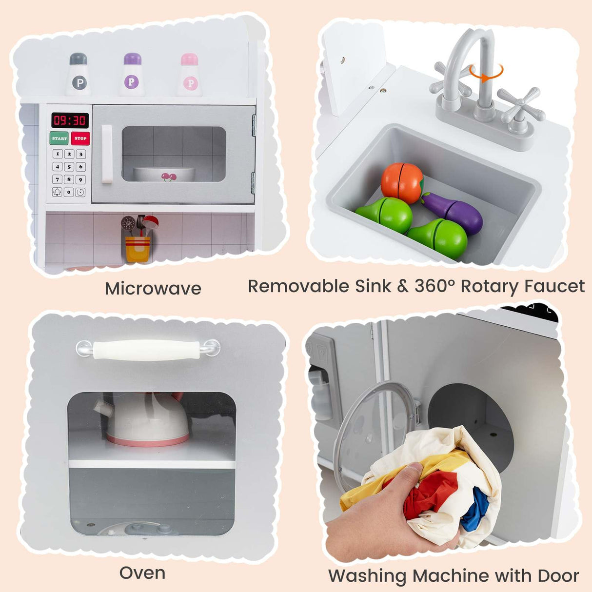 3-in-1 Kids Kitchen Playset Corner Pretend Play Kitchen w/Fridge Washing Machine