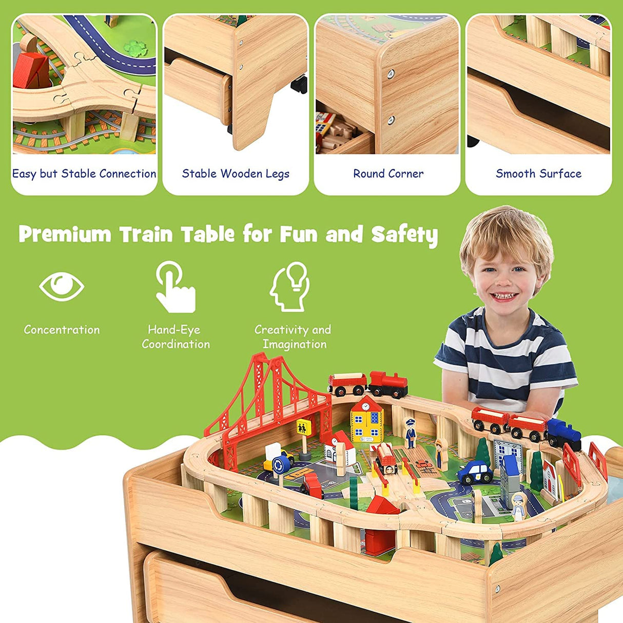 Kids Wooden Train Track Railway Set Table with 100 Multicolor Pieces