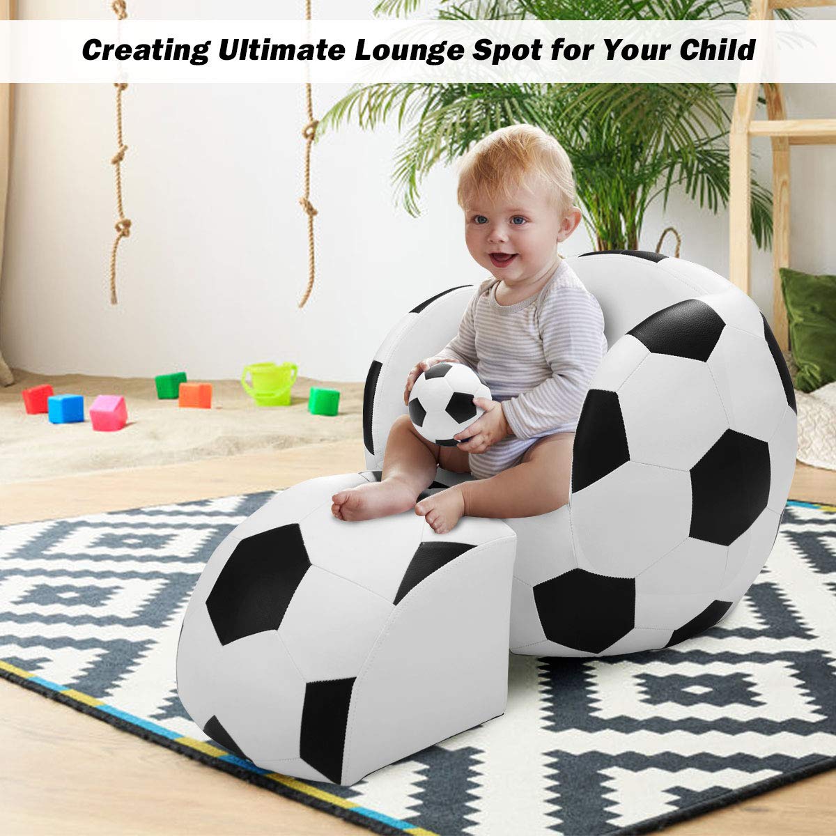 HONEY JOY Kids Sofa with Ottoman, Children Couch Armchair w/Footstool, Football Shaped Armrest Chair