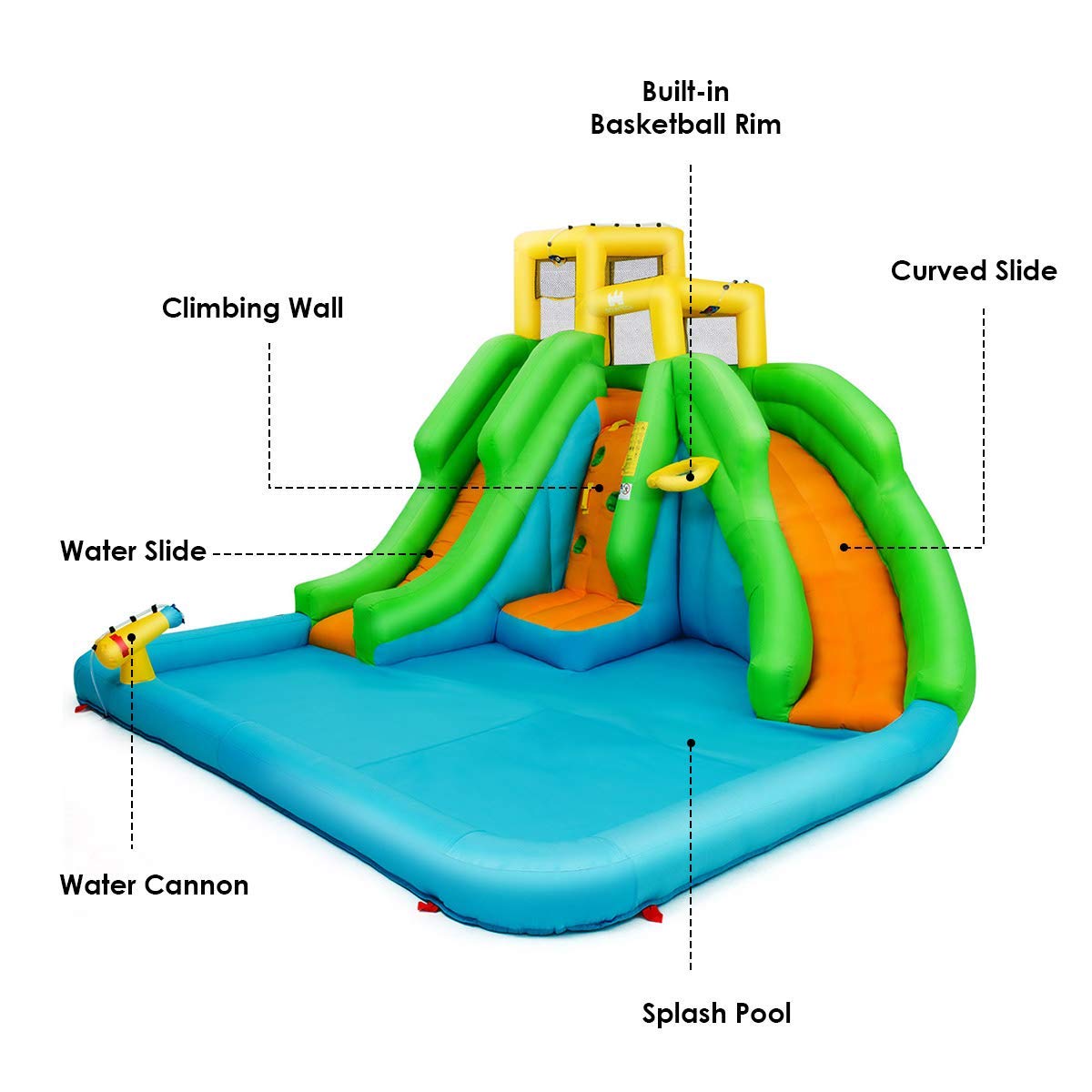 HONEY JOY Inflatable Water Slide, 6 in 1 Inflatable Castle Water Park w/Climbing Wall, Basketball Rim(with 680W Blower)