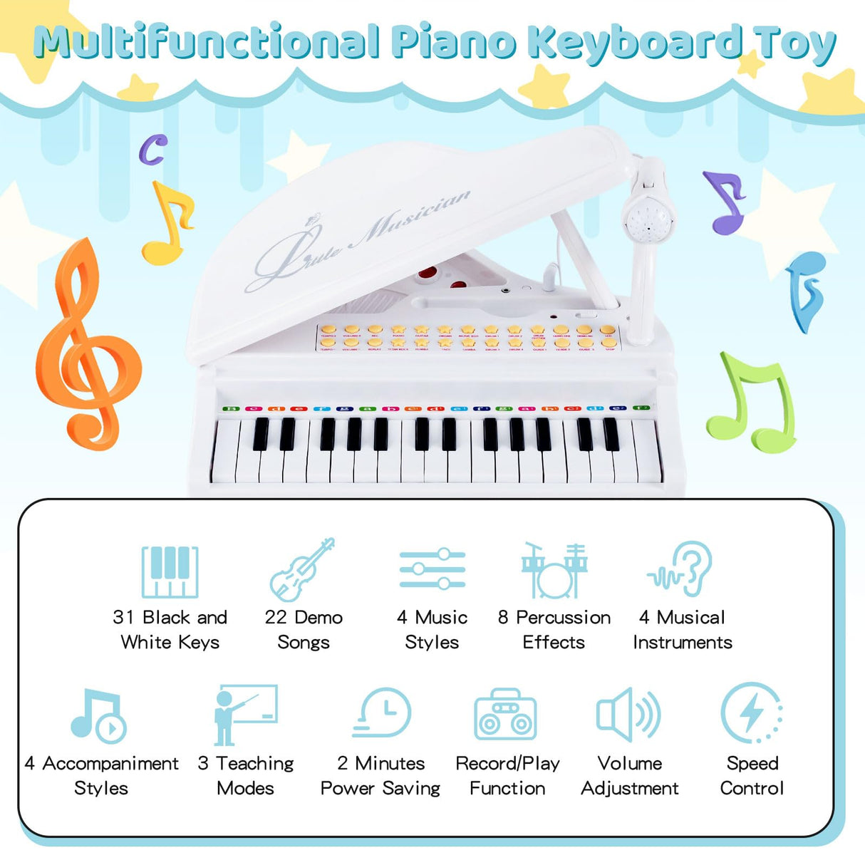 HONEY JOY 31 Keys Kids Piano Keyboard with Stool, Multifunctional Toy Piano with Microphone (White)