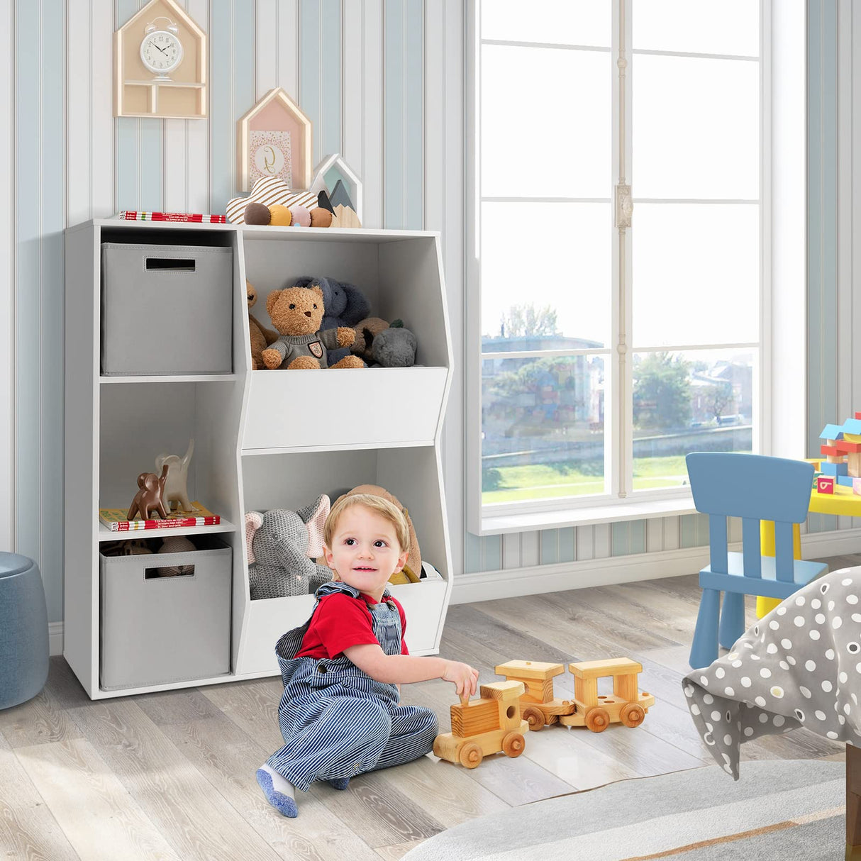 HONEY JOY 5 Cubbies Kids Toy Storage Organiser with Bookcase