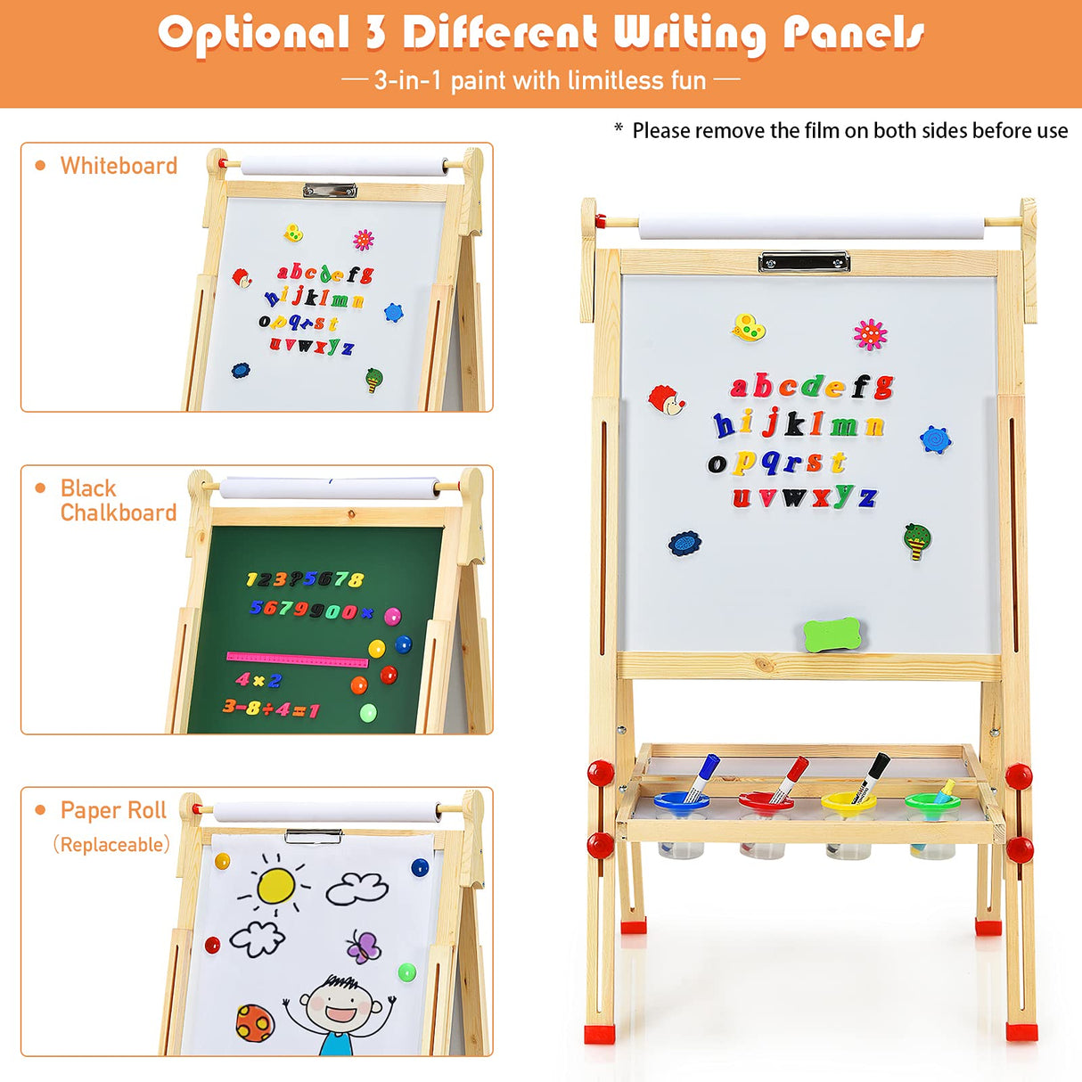 BABY JOY Kids Art Easel, Wooden Foldable Double-Sided Chalkboard Whiteboard w/Board Eraser