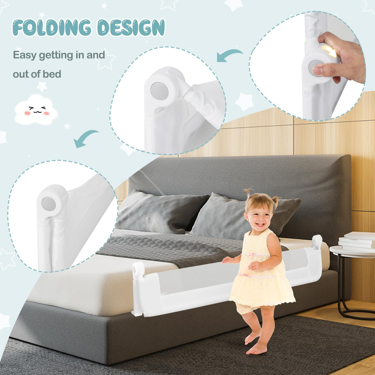 BABY JOY Foldable Bed Rail for Toddlers, 152 x 42 cm Swing Down Baby Bed Guard Rail w/Adjustable Safety Strap