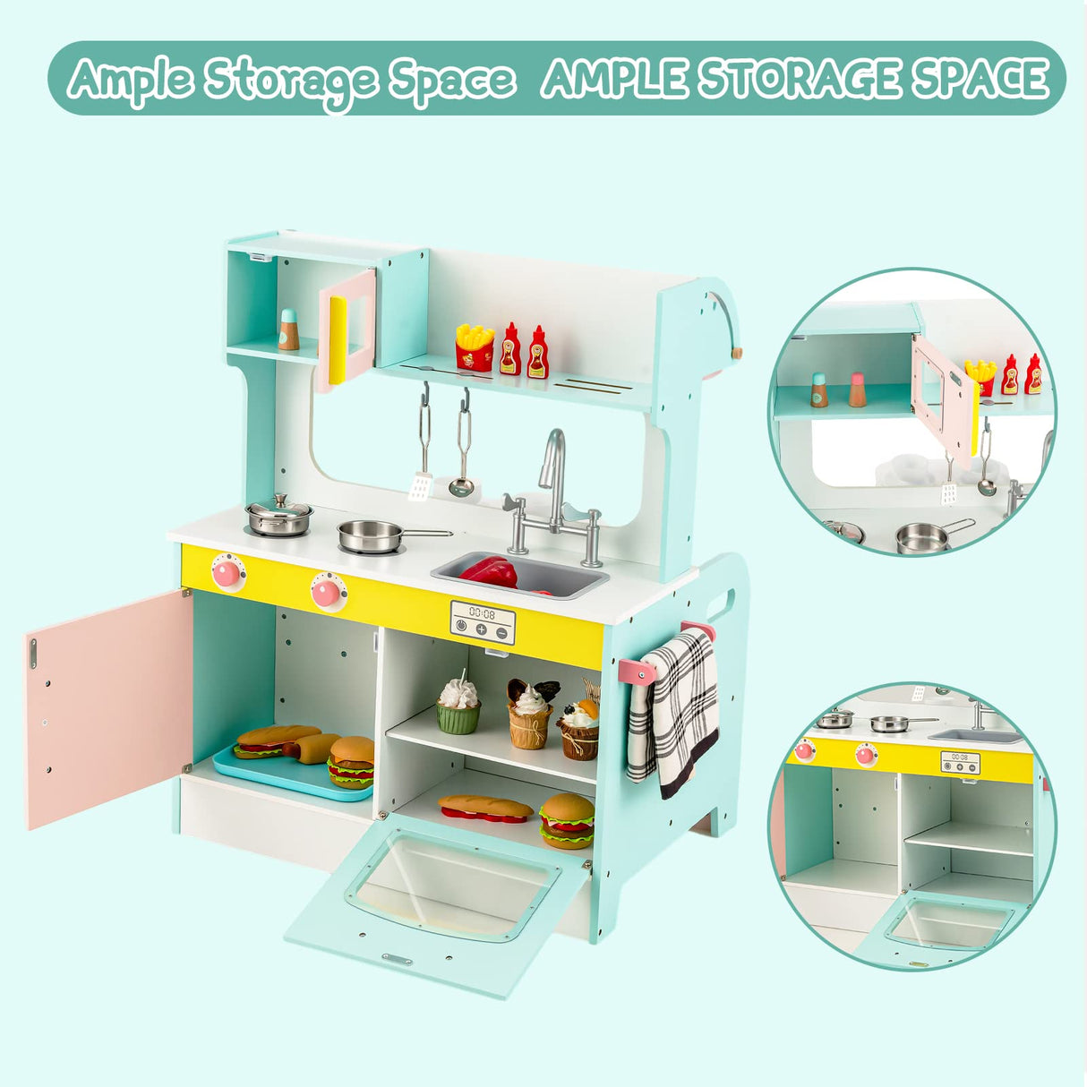 HONEY JOY 2 in 1 Kids Play Kitchen Restaurant, Pretend Play Double Sided Wooden Kitchen Playset