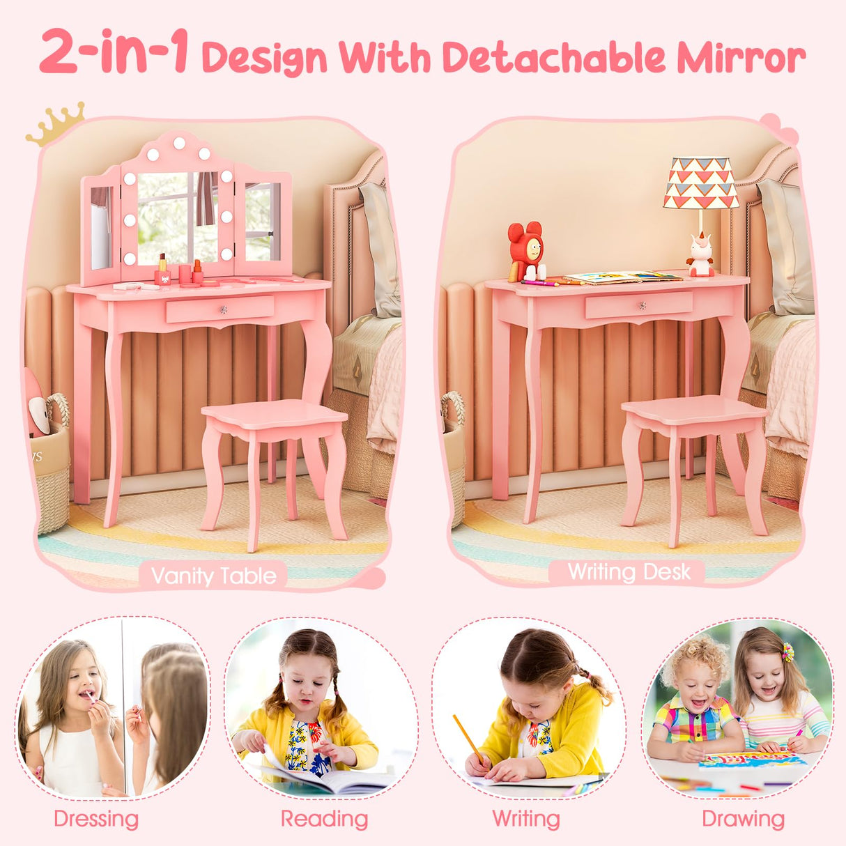 HONEY JOY Kids 2-in-1 Vanity Table and Stool Set,Princess Makeup Vanity Set w/3-color LED Lights & Adjustable Brightness