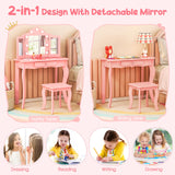 HONEY JOY Kids 2-in-1 Vanity Table and Stool Set,Princess Makeup Vanity Set w/3-color LED Lights & Adjustable Brightness