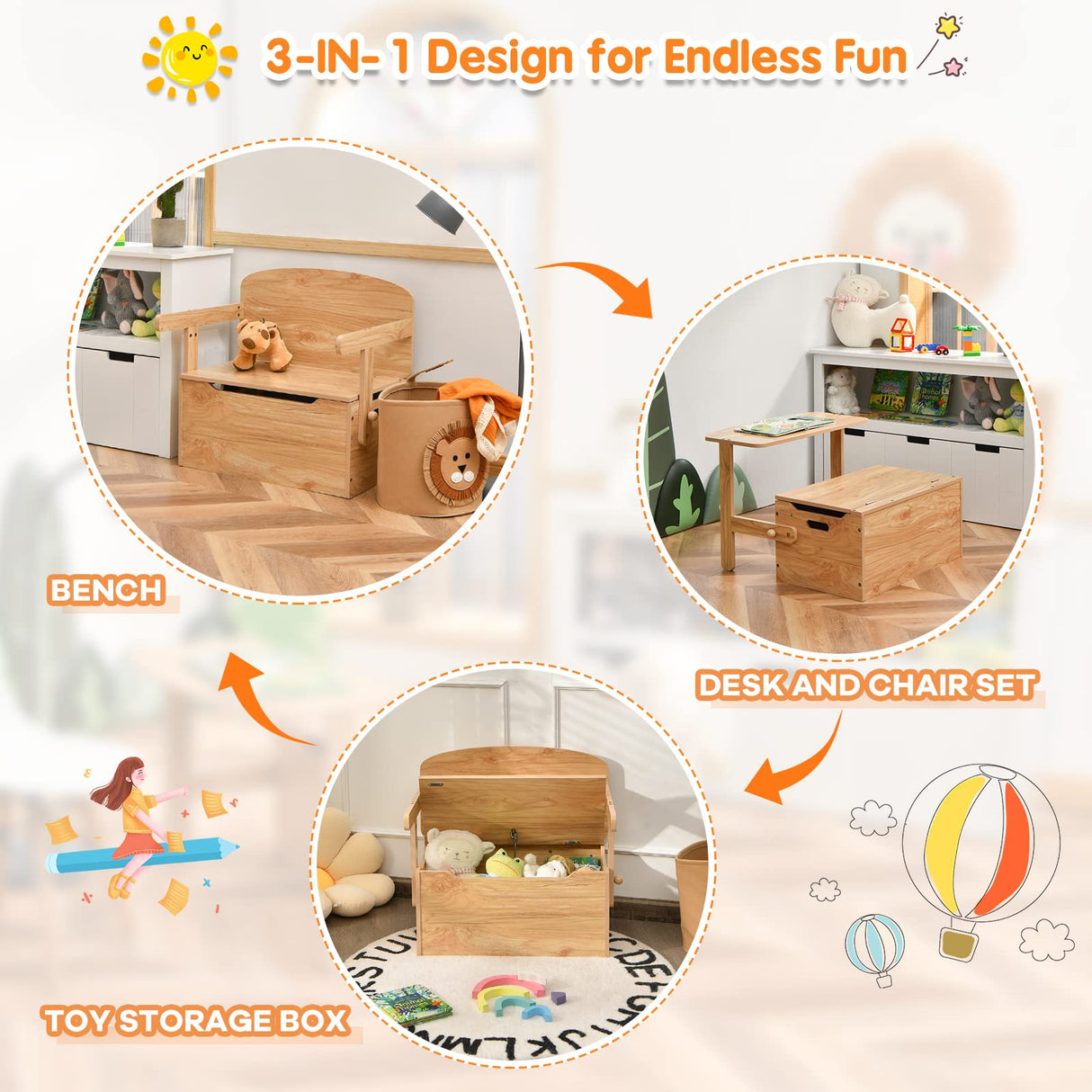 HONEY JOY Kids Table and Chair Set, 3-in-1 Convertible Wooden Toy Storage Bench with Handle