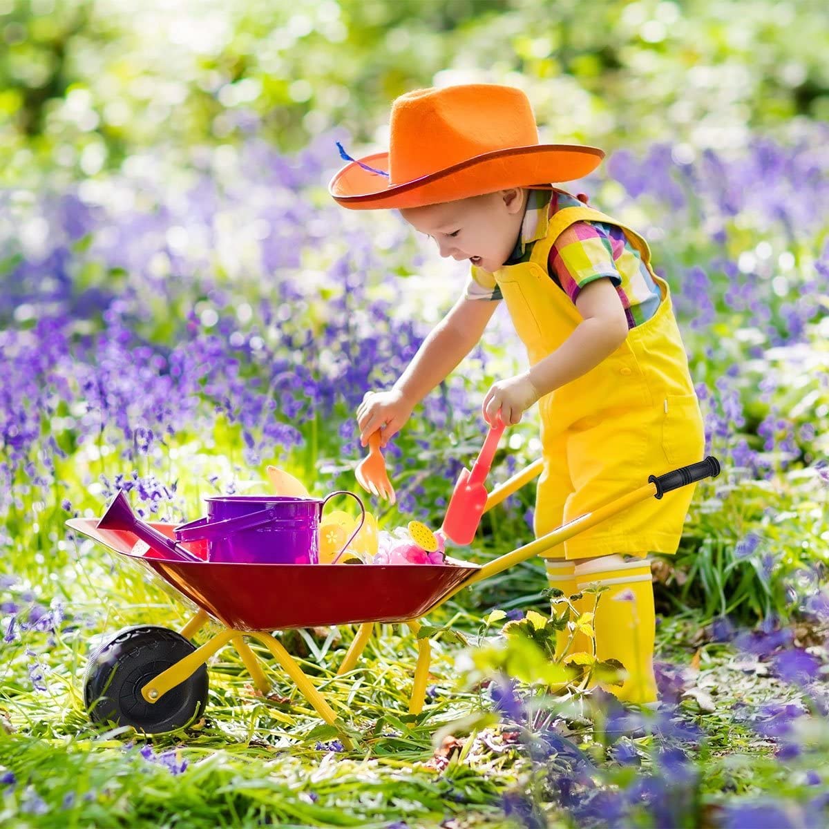 BABY JOY Kids Wheelbarrow, Children Steel Garden Wheelbarrow w/Non-Slip Handle, Wearable Wheels