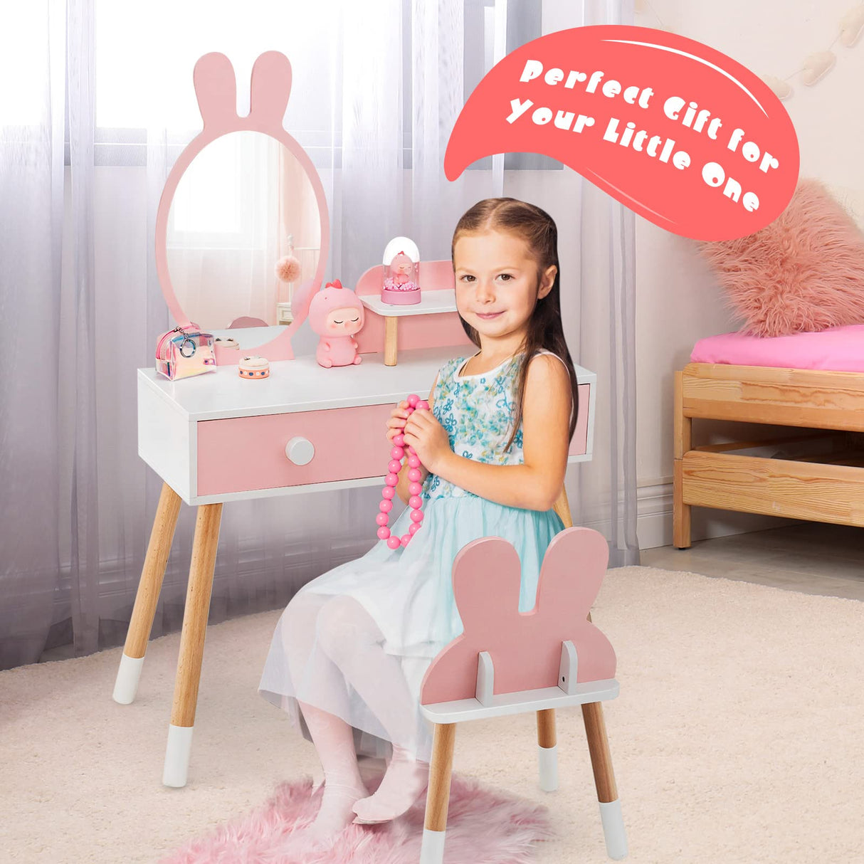 HONEY JOY Kids Vanity Table and Stool Set Makeup Dressing Desk w/Storage Shelf