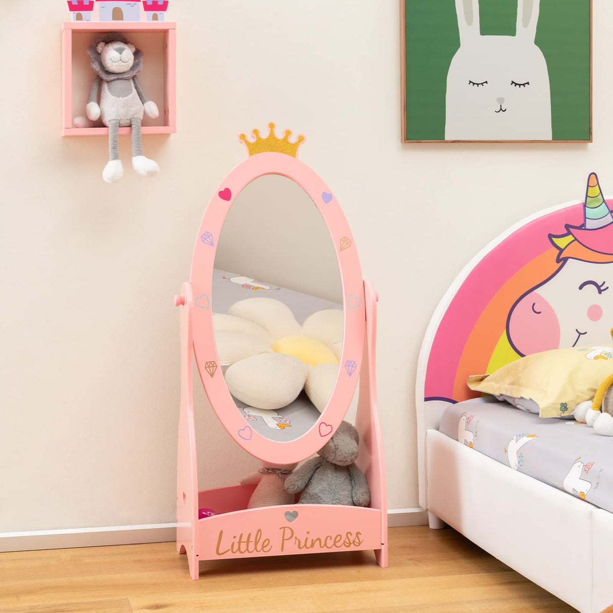 HONEY JOY Kids Full Length Mirror, Princess Floor Free Standing Mirror w/Storage Shelf