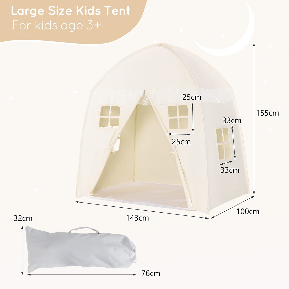 HONEY JOY Kids Play Tent with Non-Slip Mat, Large Cotton Canvas Playhouse w/ 4 Windows, Straps, Zipper, Carry Bag