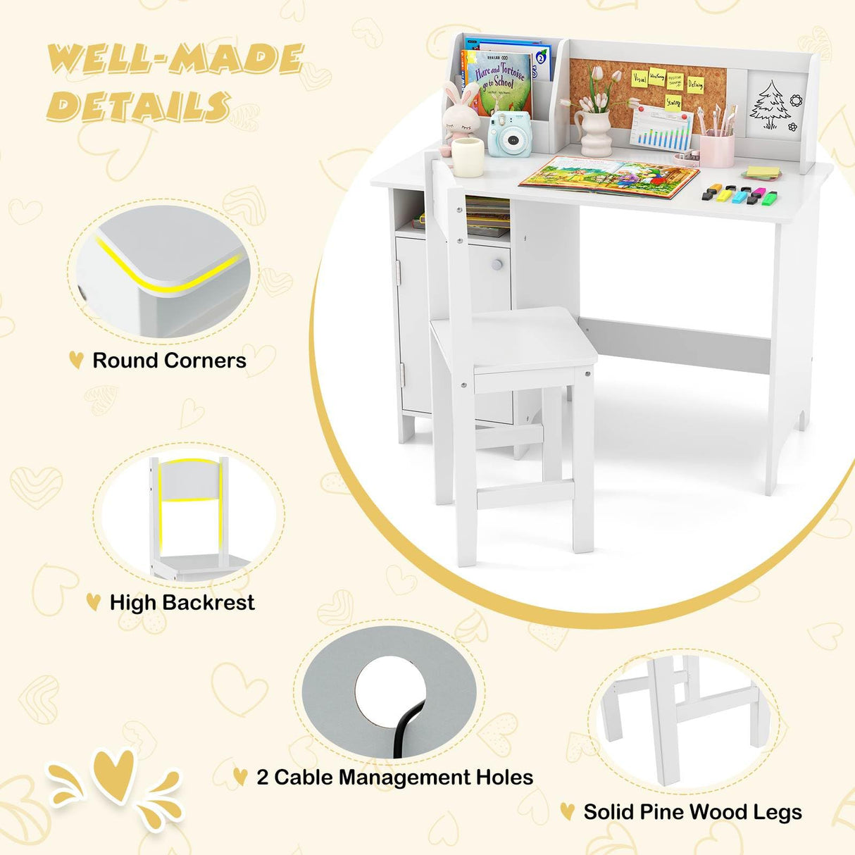 Kids Table and Chair Set Activity Play Study Desk w/Bookshelf & Storage Cabinet