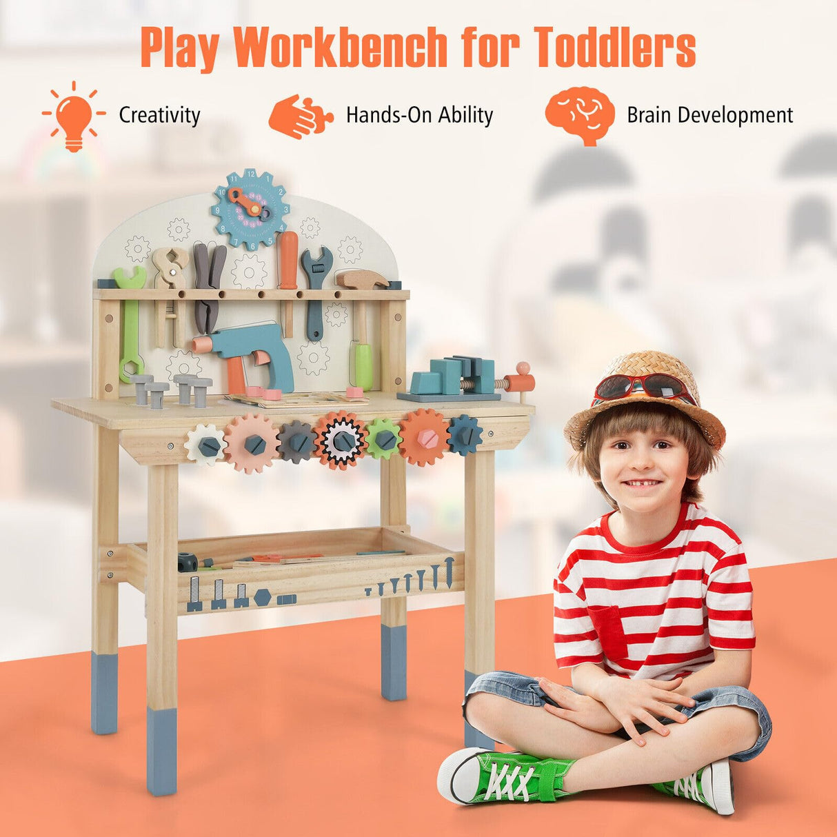 HONEY JOY Kids Tool Bench, Wooden Pretend Workbench w/63 Toy Tools and Accessories