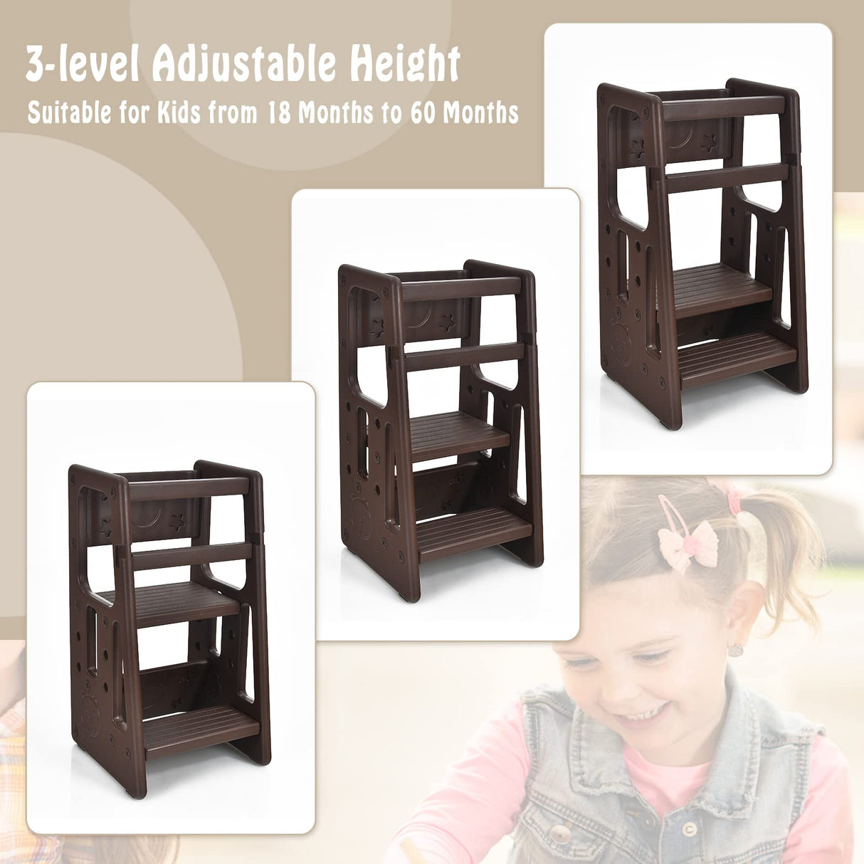 BABY JOY Kids Kitchen Step Stool, Toddler Step Ladder w/ 3 Adjustable Heights, Non-Slip Design & Safety Handles