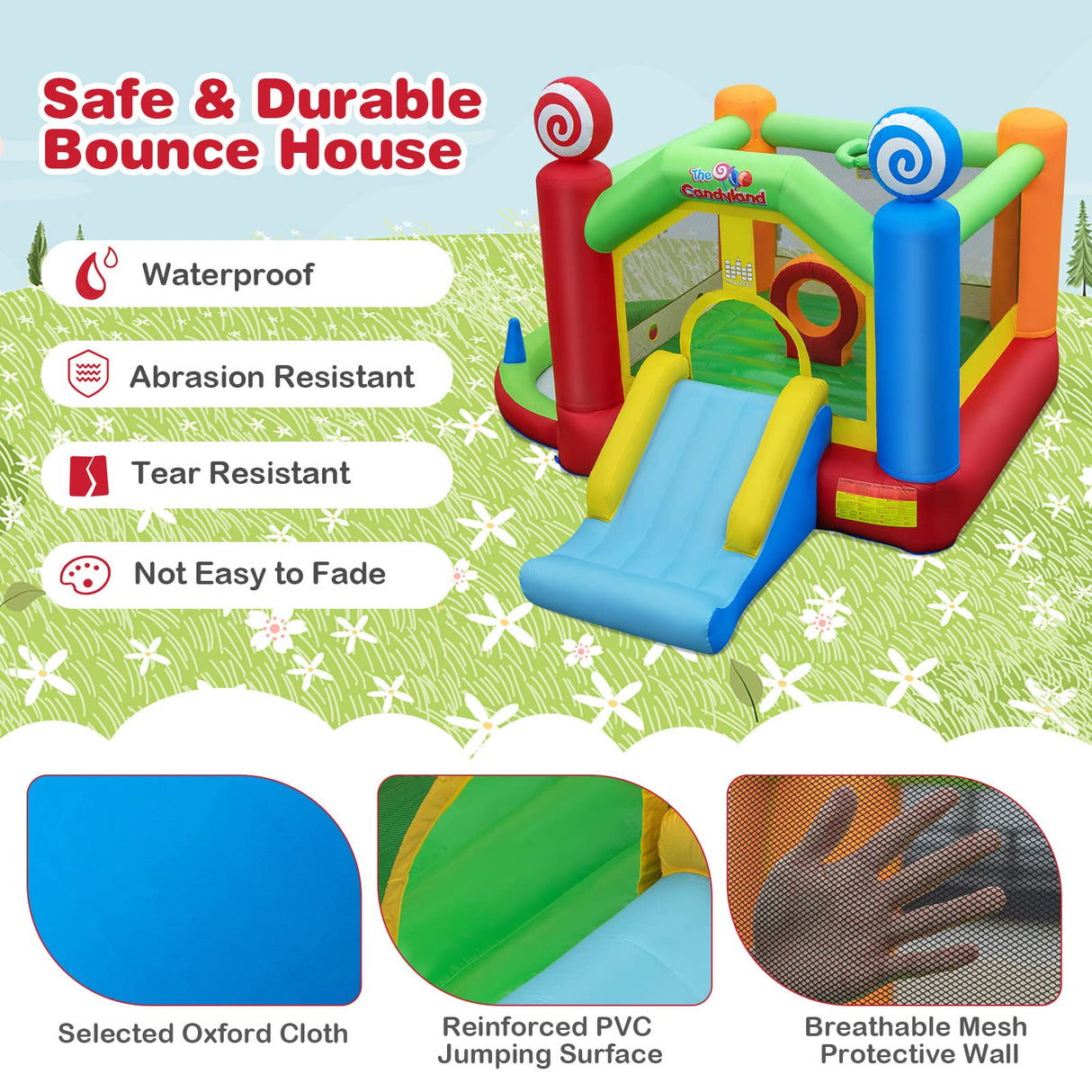 HONEY JOY Kids Inflatable Bounce House, Candy Theme Jumping Castle w/Jumping Area, Slide, Ball Pit Area