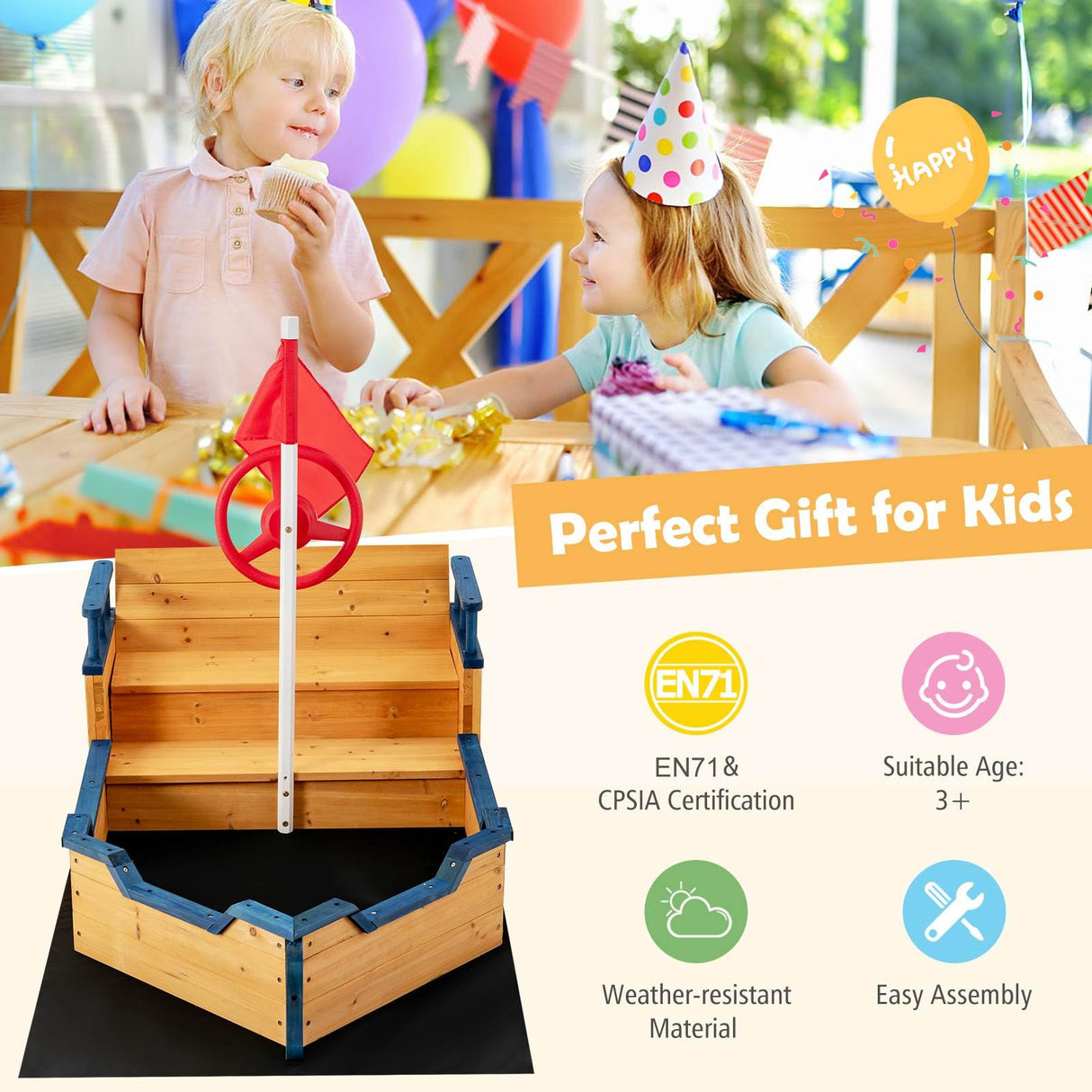 HONEY JOY Wooden Kids Sandbox Outdoor Play Sandpit Toy w/2-in-1 Storage Benches