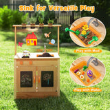 HONEY JOY Mud Kitchen for Kids, Fir Wood Kitchen Playset with Planting Pots, Cookware, Stoves