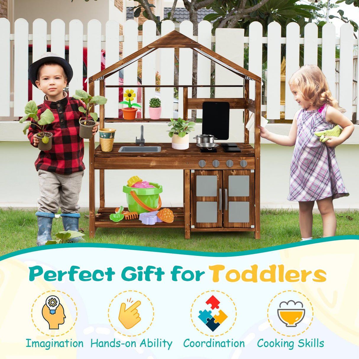 HONEY JOY Wooden Mud Kitchen, Outdoor Play Kitchen with Roof, Chalkboard, Stoves, Removable Sink and Kitchen Accessories