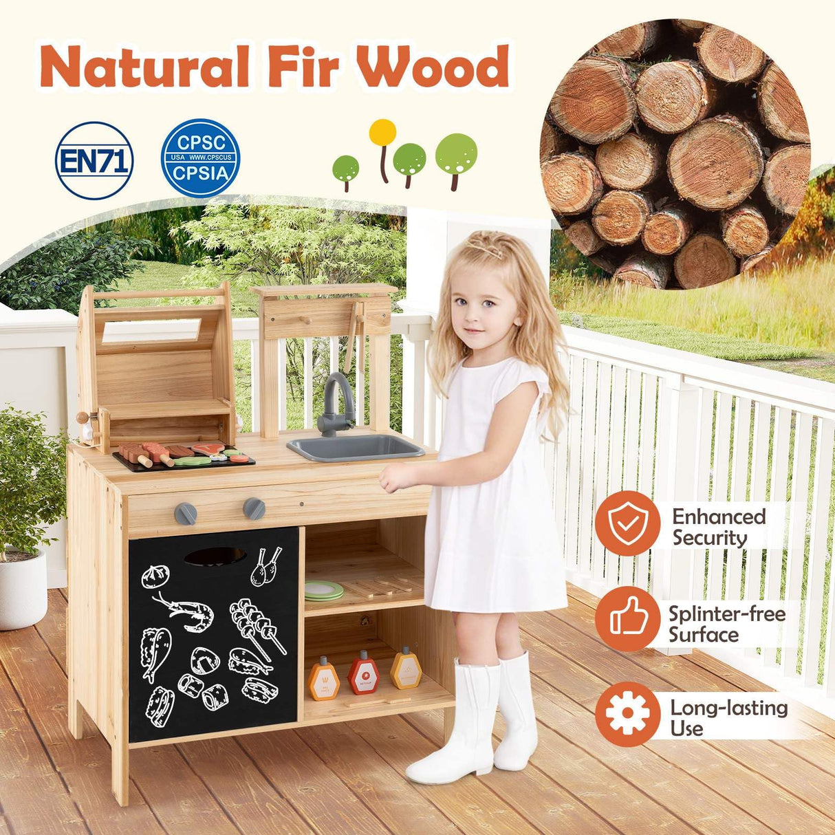 HONEY JOY Wooden Barbecue Grill Playset, Pretend Play Kitchen Set with Play Food, Grilling Tools & Accessories