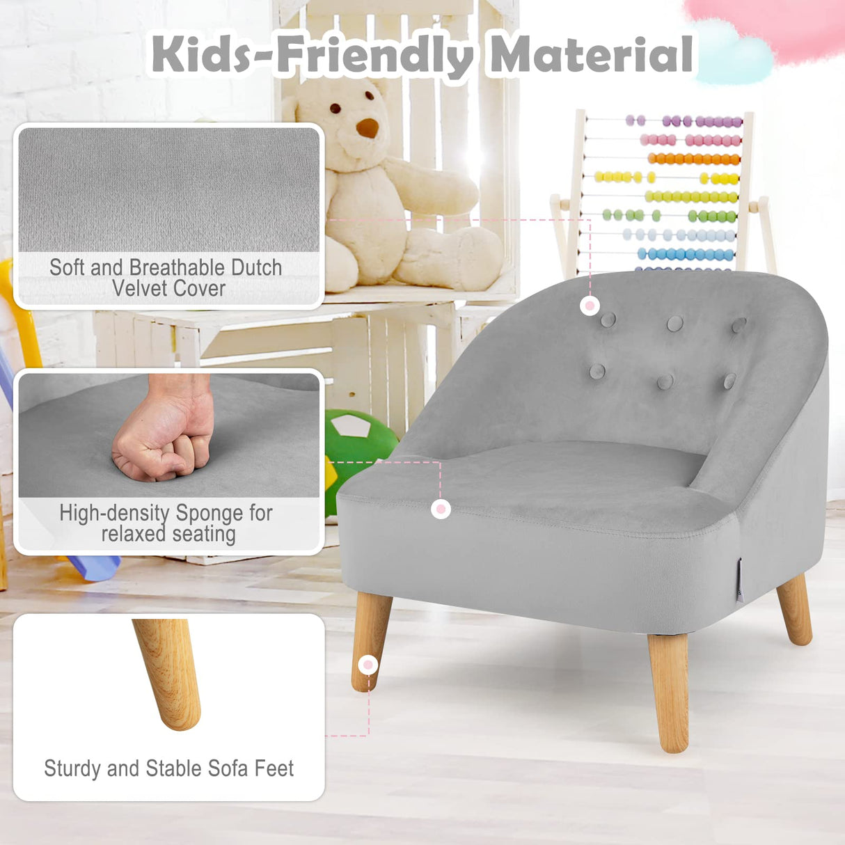 HONEY JOY Kids Sofa Set w/Ottoman, Toddler Single Sofa Chair w/Matching Stool, Stylish Button-Tufted Wingback