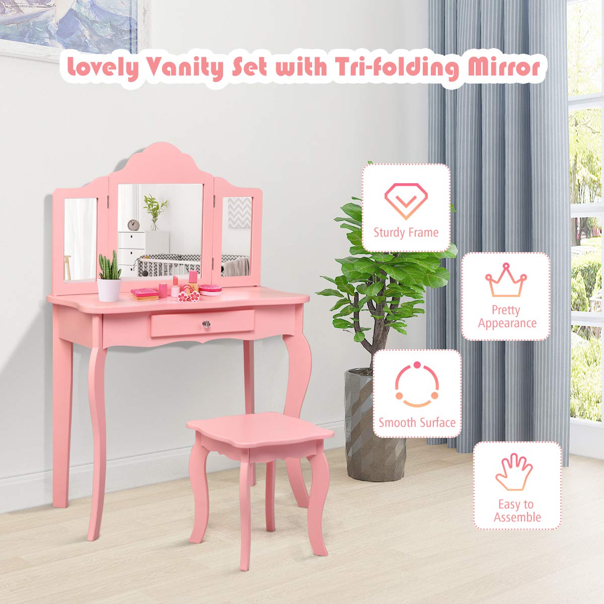 HONEY JOY 2 in 1 Kids Vanity Table & Chair Set, Princess Makeup Dressing Table with Drawer & Tri-Folding Mirror