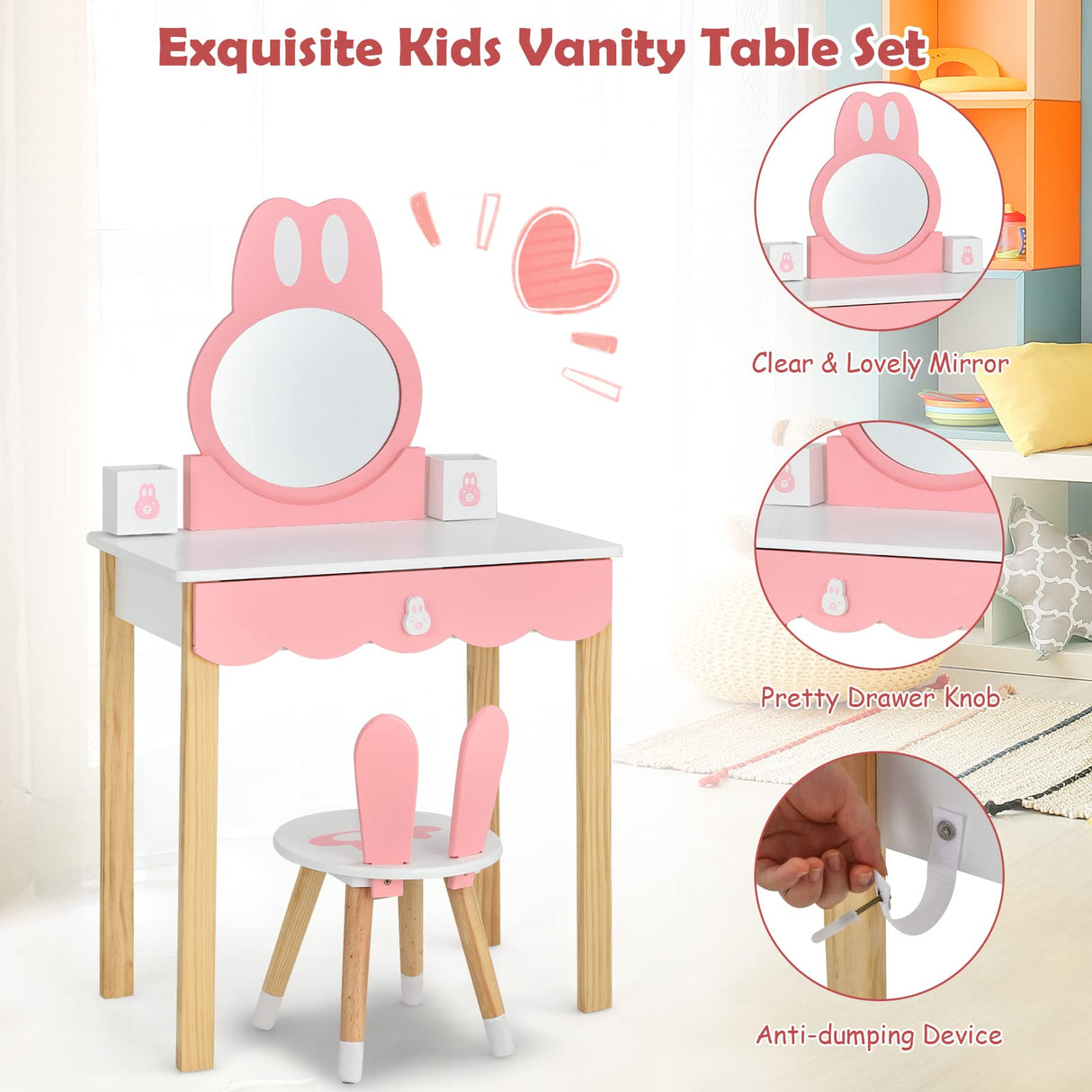 HONEY JOY 2 in 1 Kids Vanity Set w/Mirror, Cute Bunny Princess Makeup Dressing Table Stool