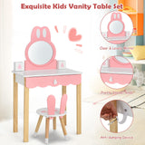 HONEY JOY 2 in 1 Kids Vanity Set w/Mirror, Cute Bunny Princess Makeup Dressing Table Stool