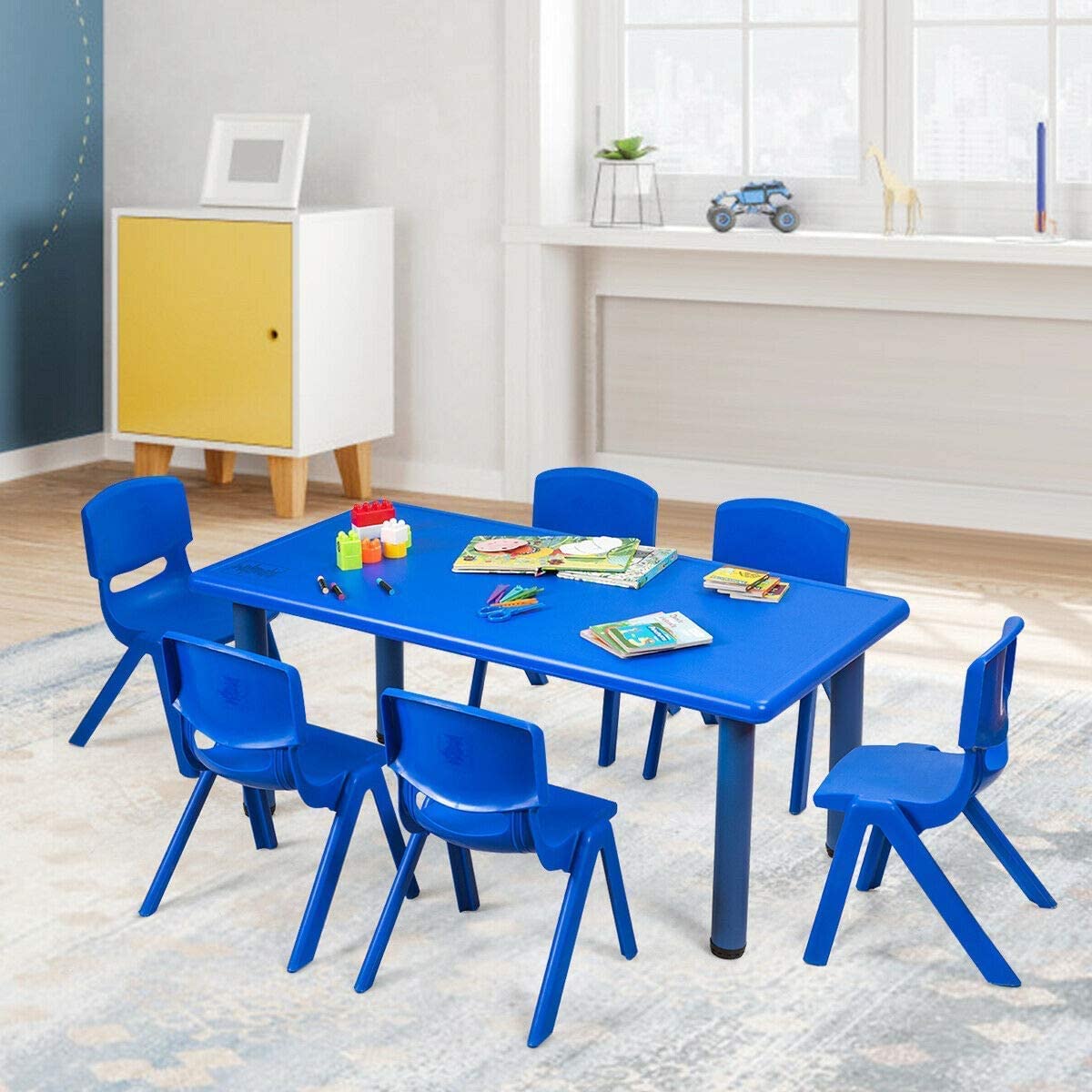 HONEY JOY 7 PC Kids Table and Chairs Set, 6 Stackable Chairs, 120 X 60cm Rectangular Table Set for Children Painting & Playing & Dining & Study