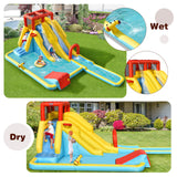 HONEY JOY Inflatable Water Slide, 7-in-1 Double Long Slide Inflatable Water Park w/Climbing Wall (with 750W Blower)