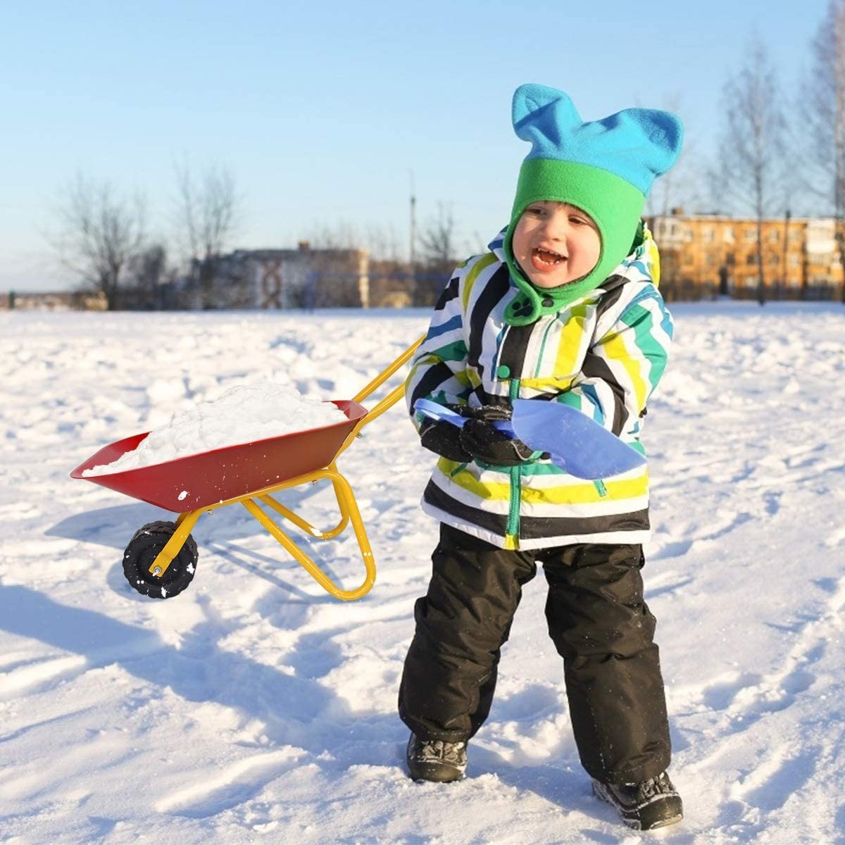 BABY JOY Kids Wheelbarrow, Children Steel Garden Wheelbarrow w/Non-Slip Handle, Wearable Wheels