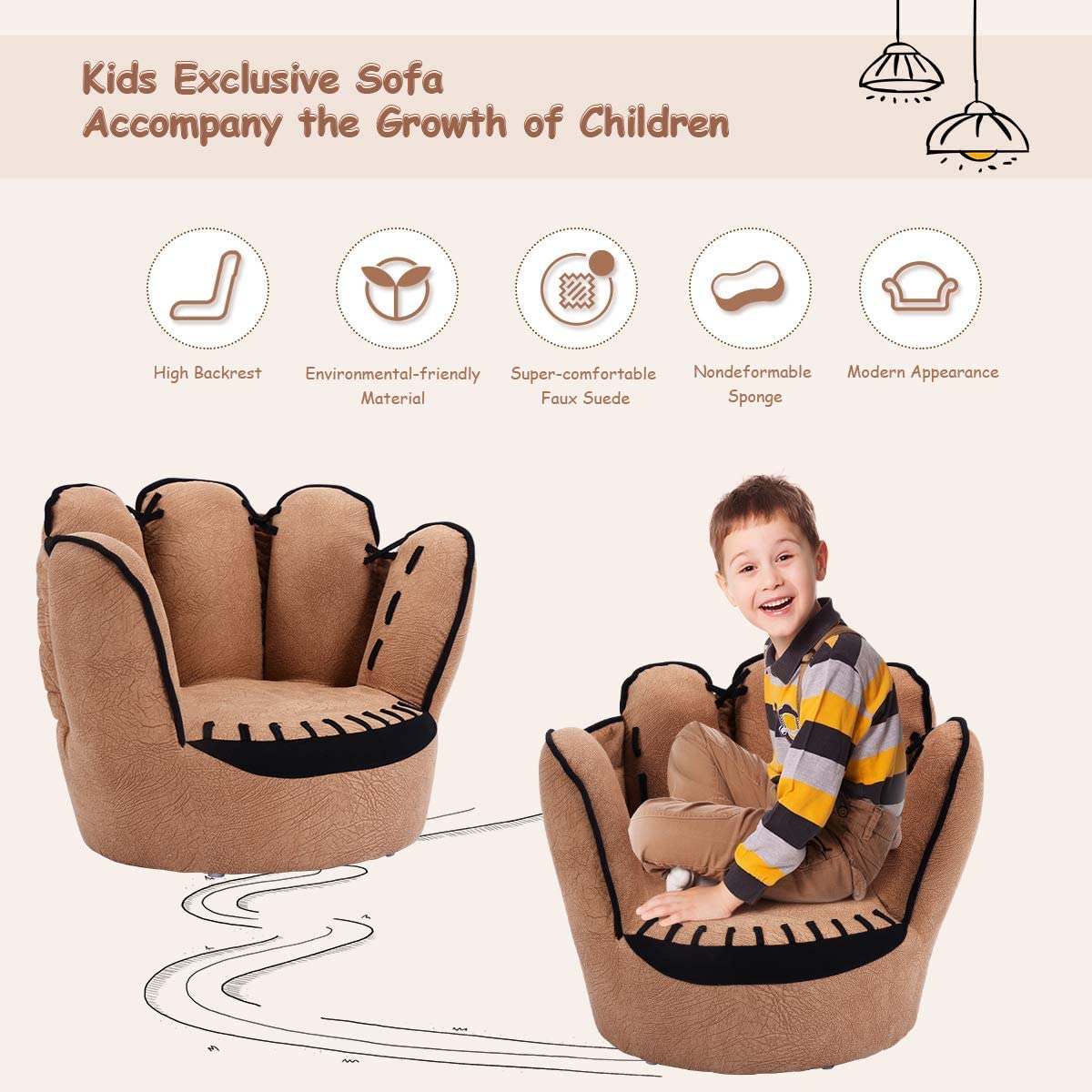 BABY JOY Kids Couch, Toddler Chair Sofa with Solid Wood Frame & Baseball Glove Design, Children Armchair for Play Room