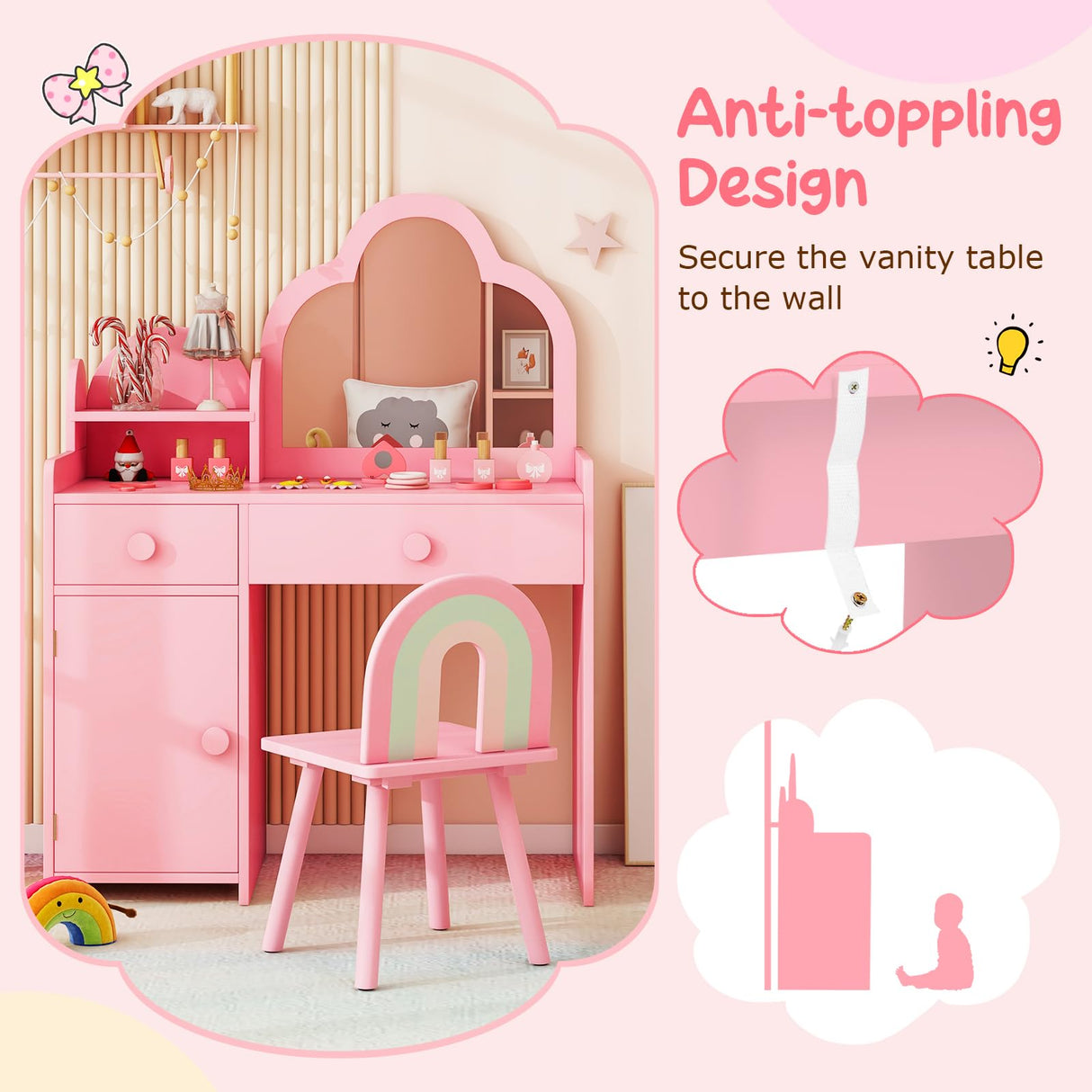 HONEY JOY 2-in-1 Kids Vanity Set w/Mirror, Princess Makeup Table w/Detachable Top, Chair