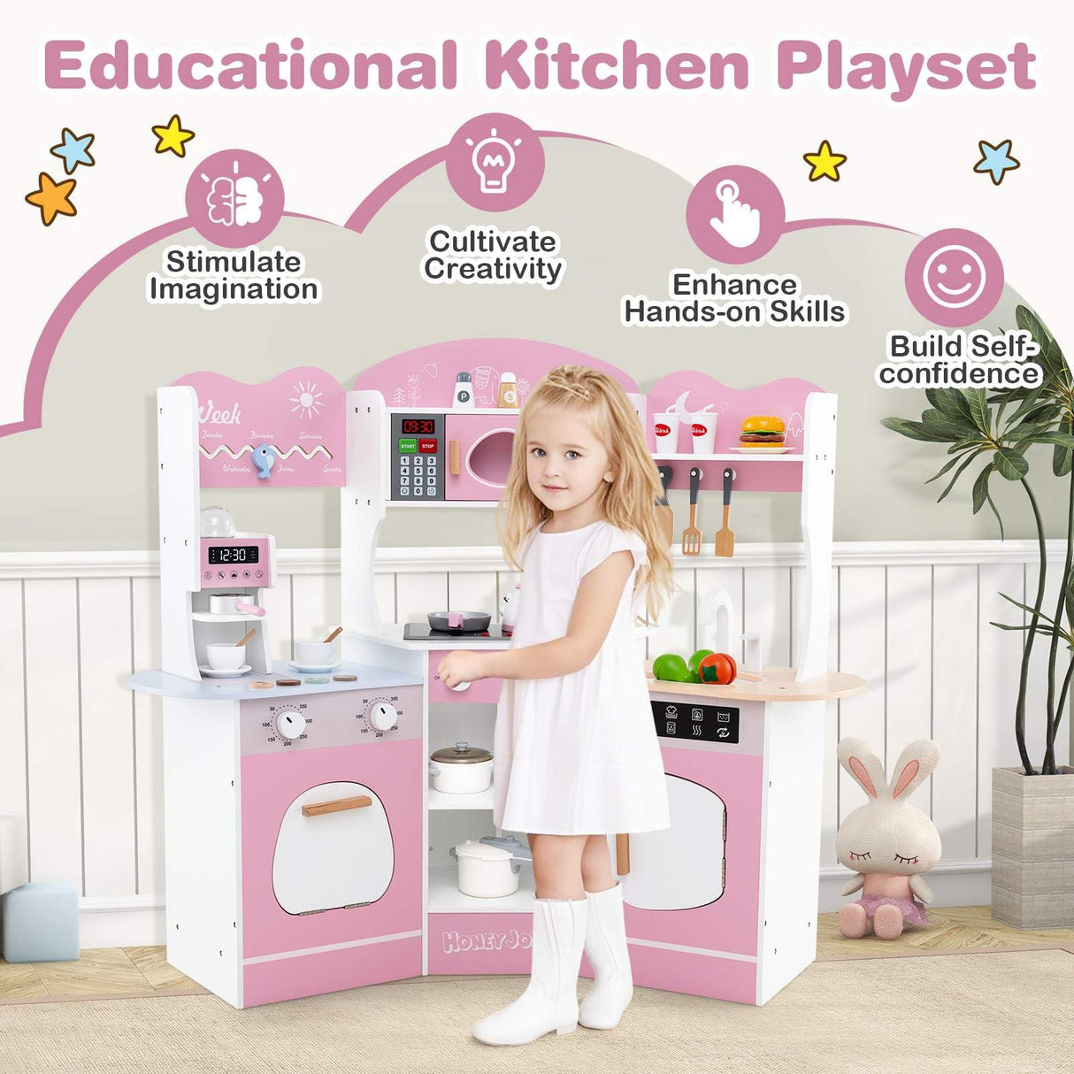 HONEY JOY Corner Wooden Play Kitchen, 18 PCS Pretend Kitchen Playset w/Coffee Machine